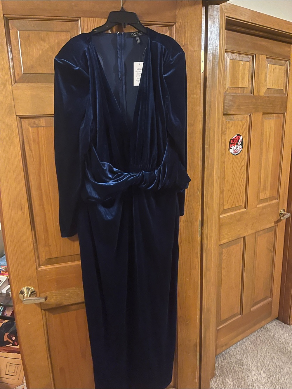 Eloquii Navy Blue Velvet Long Sleeve Twist-Front Dress
